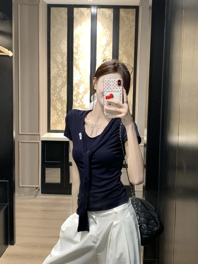 藏蓝色正肩V领短袖t恤女装夏日韩系独特显瘦海军领设计感小众上衣