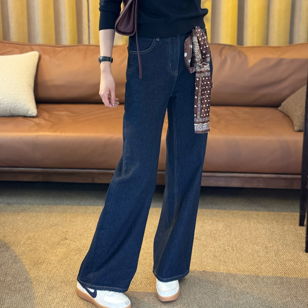 MOL CHIC"青丝"25秋冬丹宁牛仔裤女深蓝色丝巾设计莫兰M251012-4