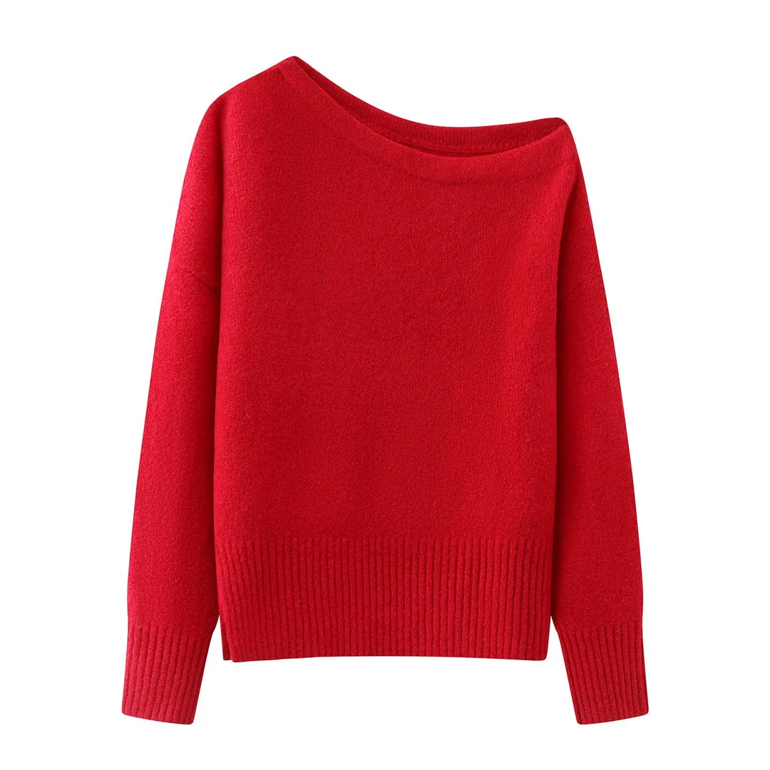 【艾家同款】2025冬季新款百搭红色一字肩针织衫女斜肩毛衣上衣4162