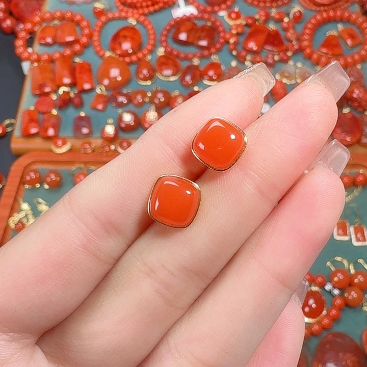 南红玛瑙银S925镶嵌耳饰9+