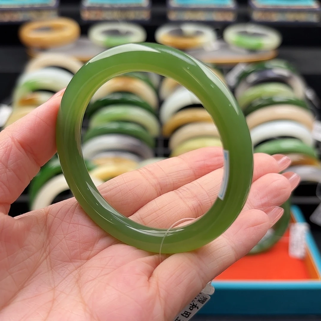 和田玉未镶嵌手镯粉阳绿美人条52.4