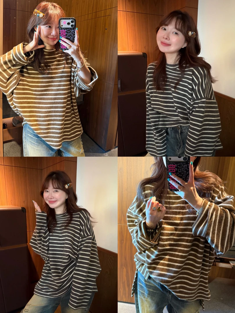 【BORAKOO】亲肤绒感磨毛条纹圆领T绒衫B