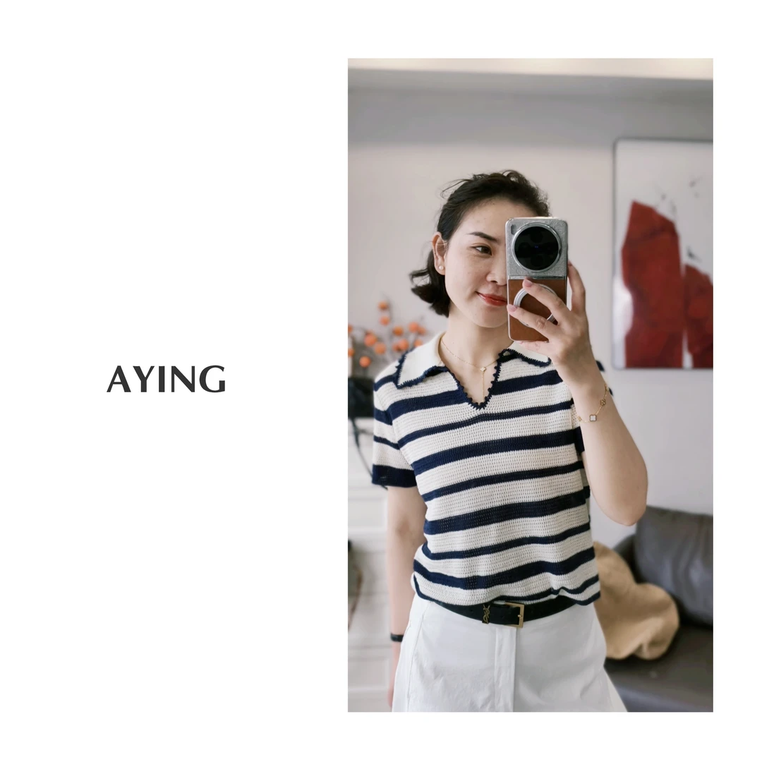 AYING  莱赛尔亚麻混纺重磅手工勾花polo领短袖针织衫