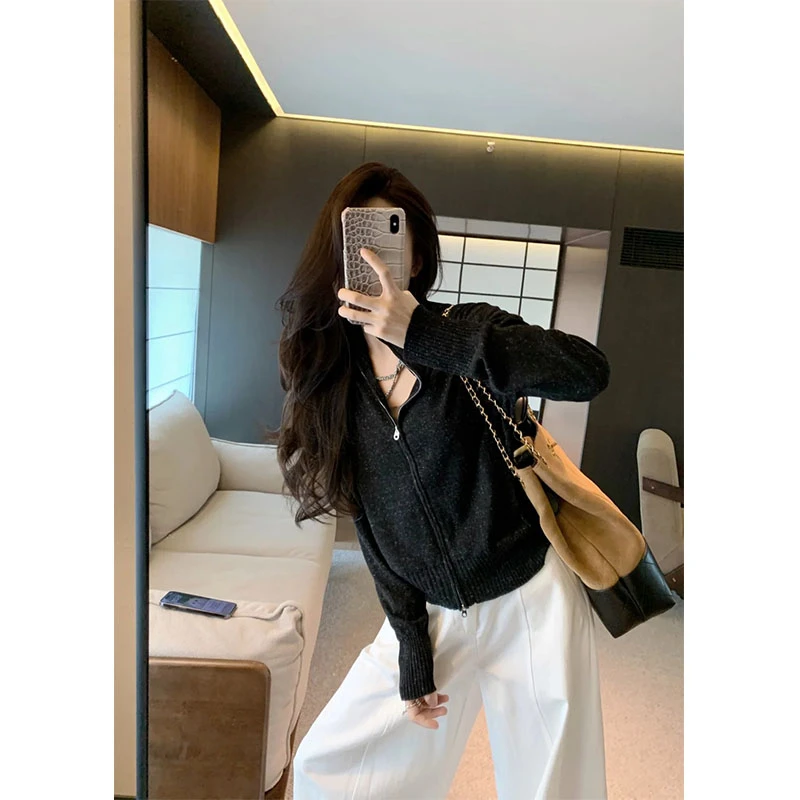 撞色拉链连帽针织开衫秋季女款宽松休闲抽绳帽衫减龄垂感阔腿长裤