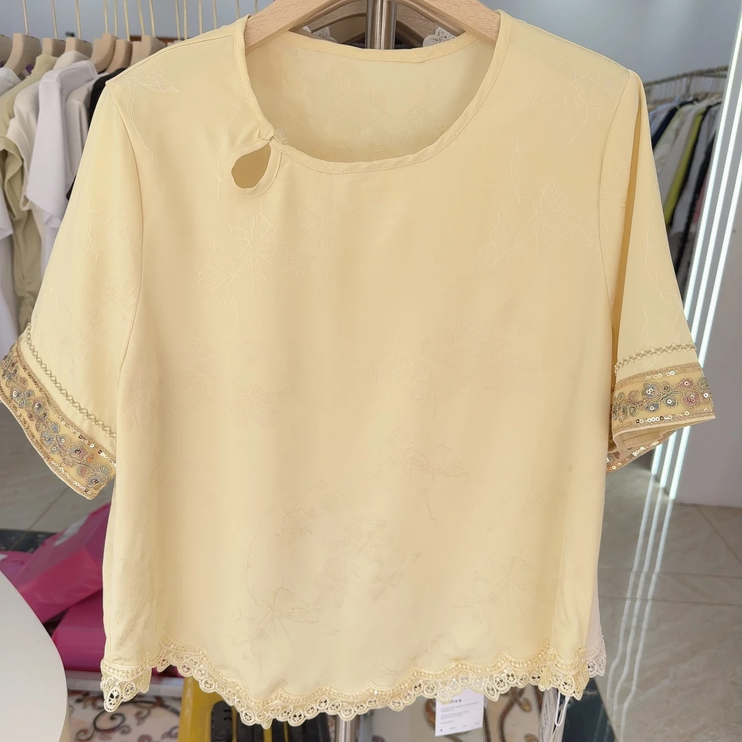 785短袖上衣圆领气质提花镂空宽松纯色女士薄款蕾丝（衣长62左右）