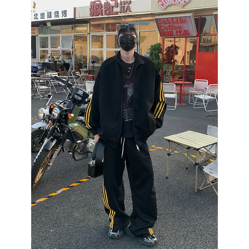 美式休闲套装潮牌三条杠条纹重磅立领卫衣直筒裤情侣款百搭宽松男