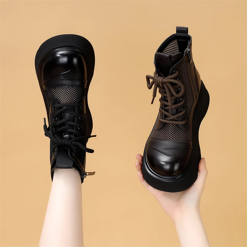 厚底网纱马丁靴女款春夏2025新款镂空透气软底轻便增高短靴配裙子