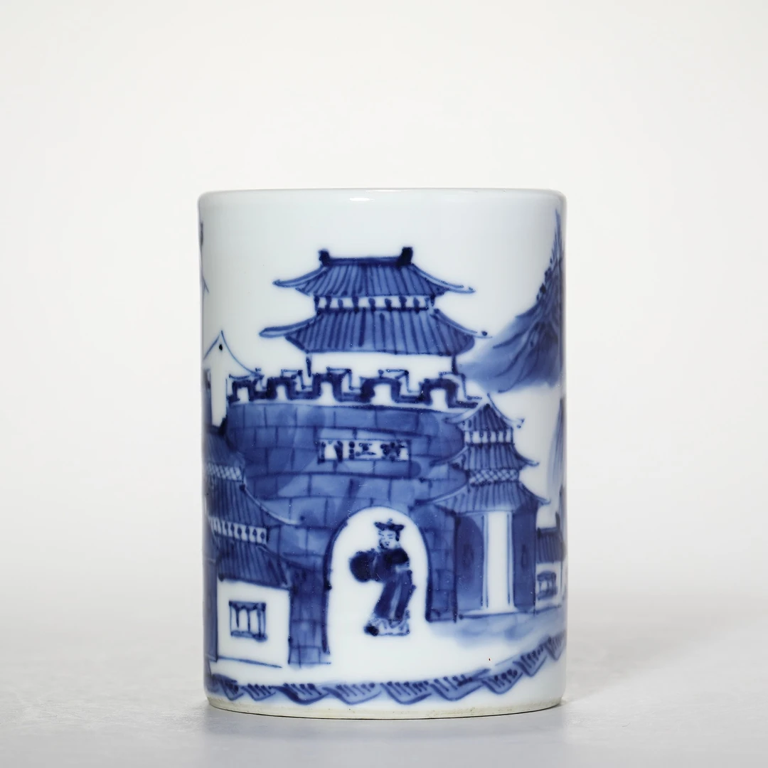 【预展专用】3321清晚期·青花山水纹笔筒【古董拍卖】