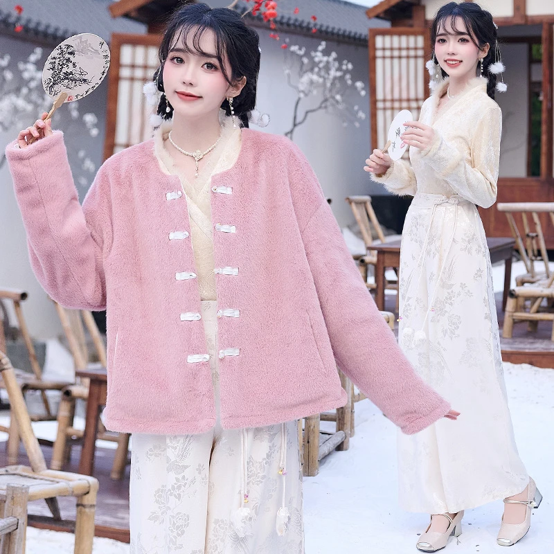 新中式国风女装国潮风高端汉服套装加厚棉袄外套毛边提花上衣裤子