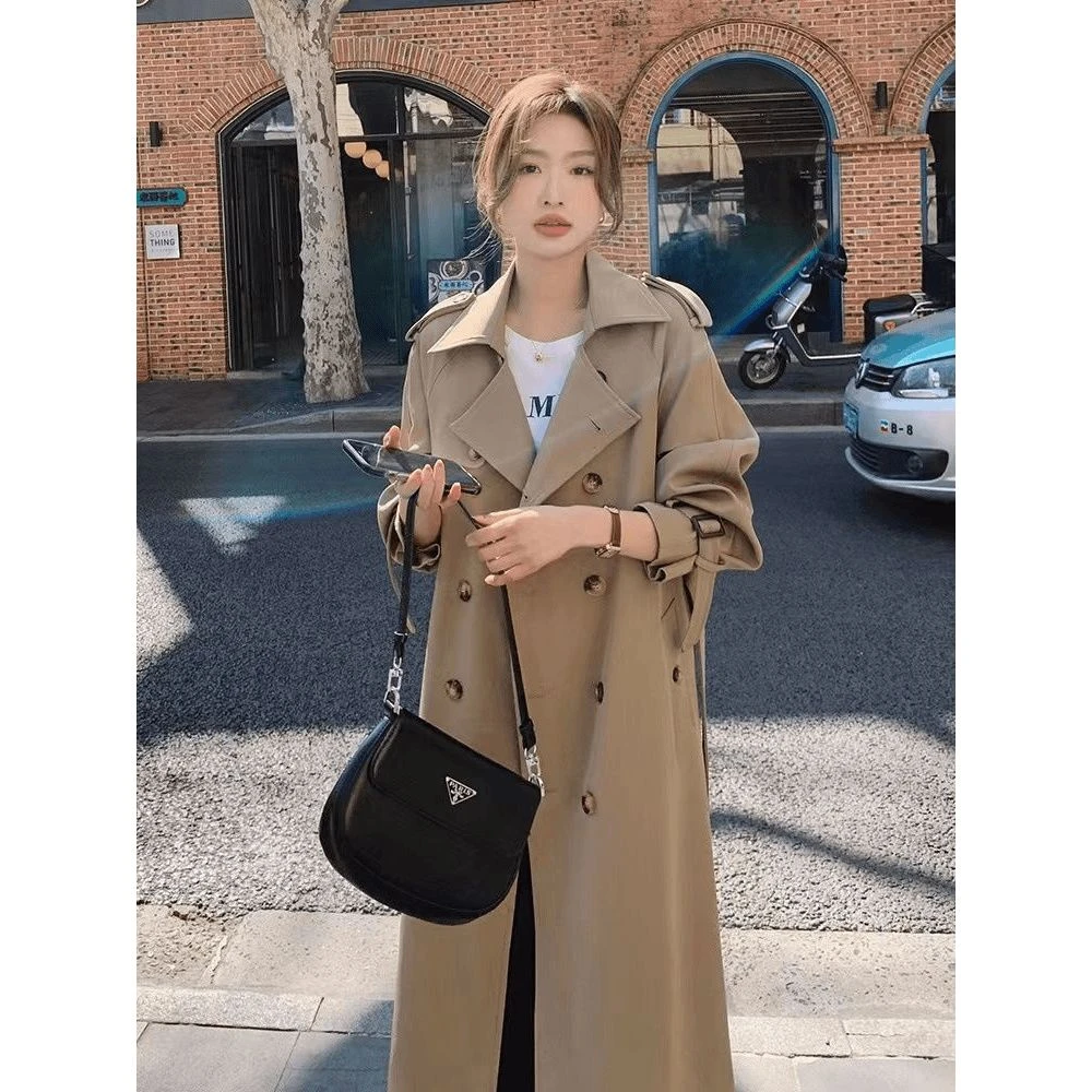 2025新款秋季女风衣修身中长款卡其色单排扣半开领褶皱风长袖外套