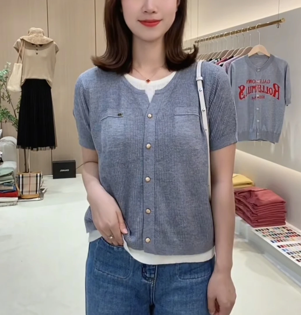 m家灰色假两件短袖T