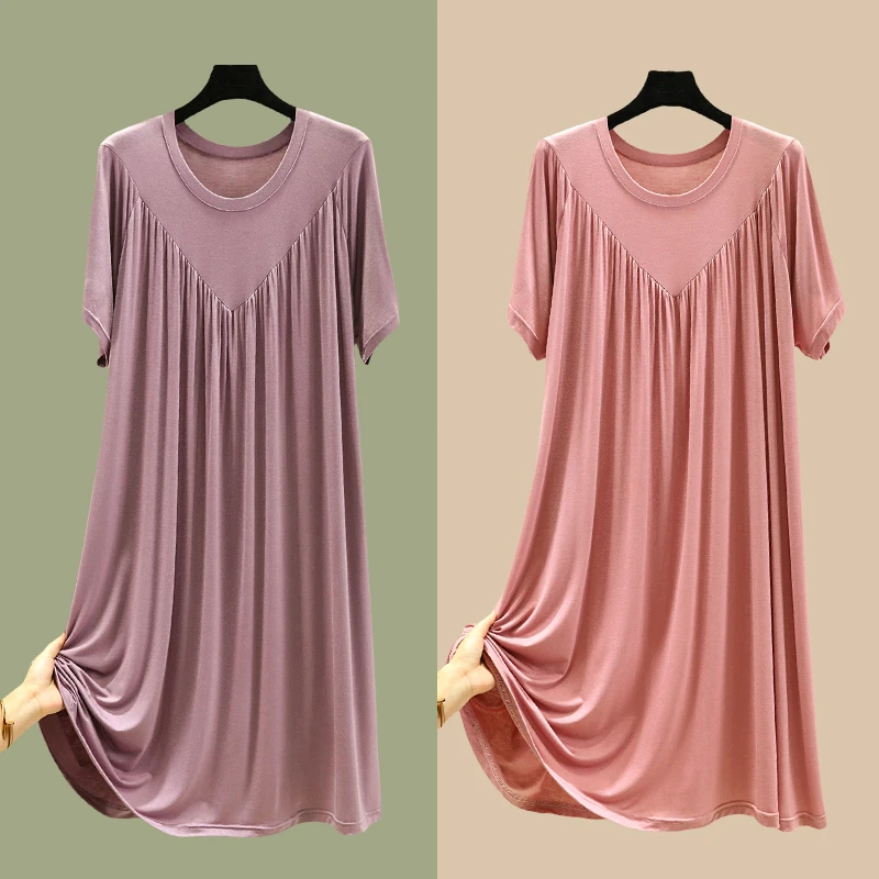 大码莫代尔中长款连衣裙女夏季薄款大摆裙宽松加肥睡裙家居百褶裙