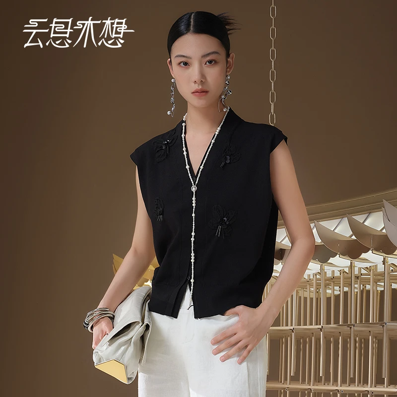 Ysimo-X云思木想梦夜花开 简约手工立体花钉珠V领含亚麻马甲12991