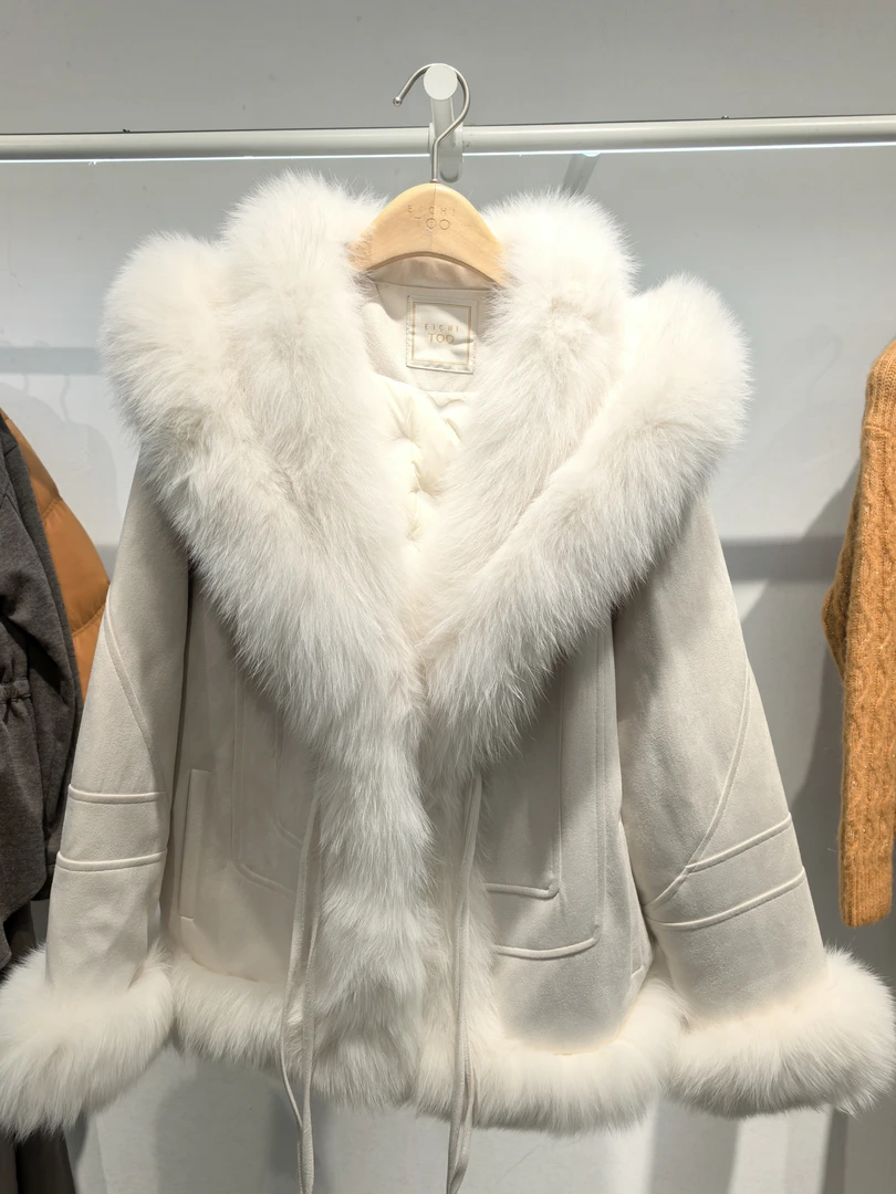 冬季翻领保暖短款大毛领领麂皮绒鸭绒服女皮草气质百搭