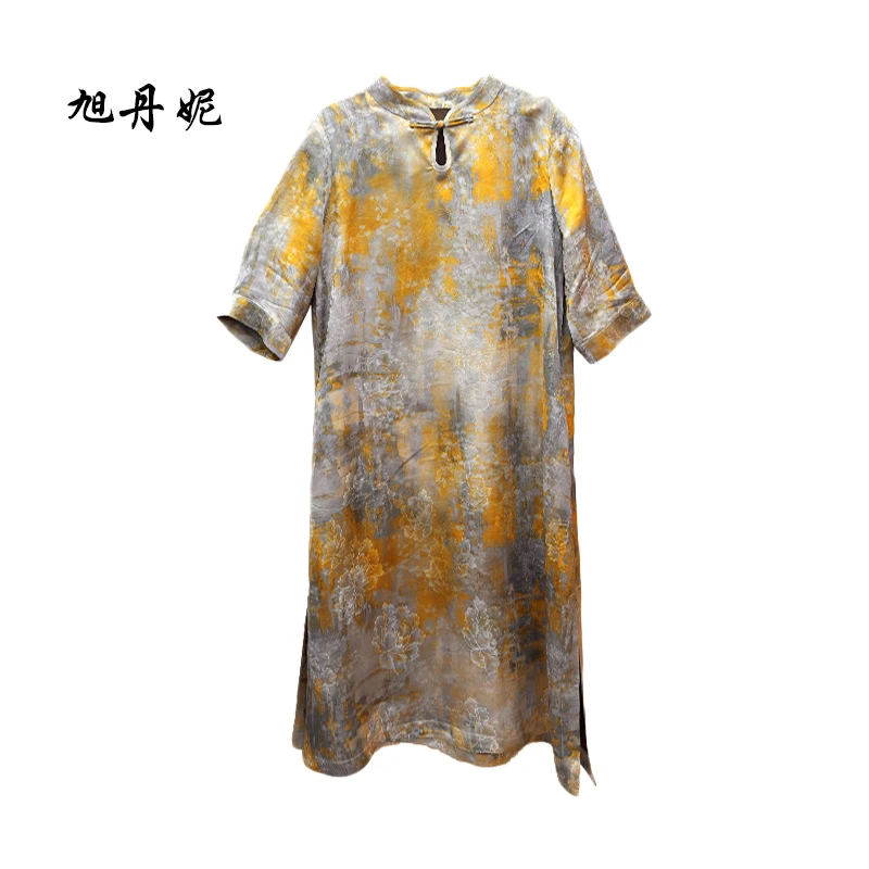 旭丹妮复古改良旗袍裙2025春季新中国风七分袖气质提花旗袍82521