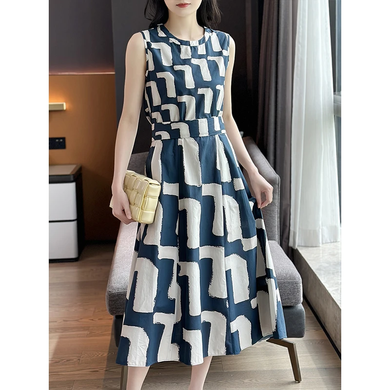 左左家 意奢大M渠道货~几何印花高支纯棉收腰显瘦圆领无袖连衣裙