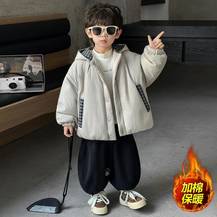 男童加厚棉服外套冬装2025新款儿童韩系夹棉上衣宝宝冬季连帽棉袄