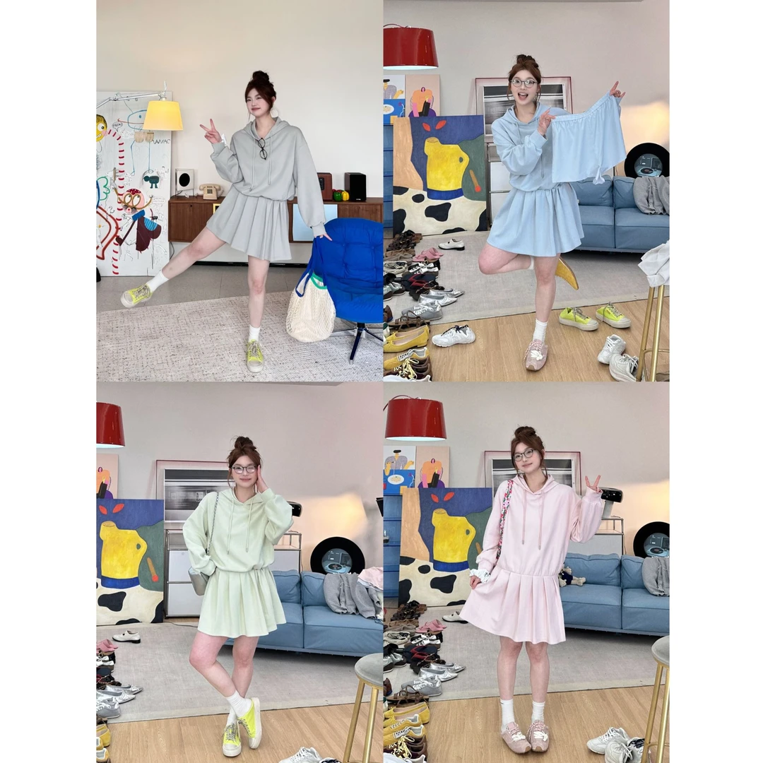 晶咕【少女的心事】减龄连帽长袖下摆拼百褶连衣裙(送安全裤