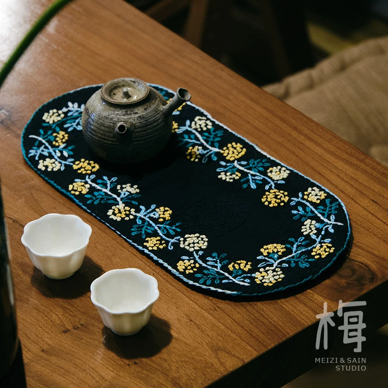 梅子【绣球系列】手工刺子绣小茶席 茶桌桌垫 布艺餐垫 小众艺术