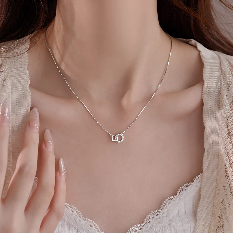 坠链均925银锆石 925纯银方圆相扣项链女2025新款爆款锁骨链气质