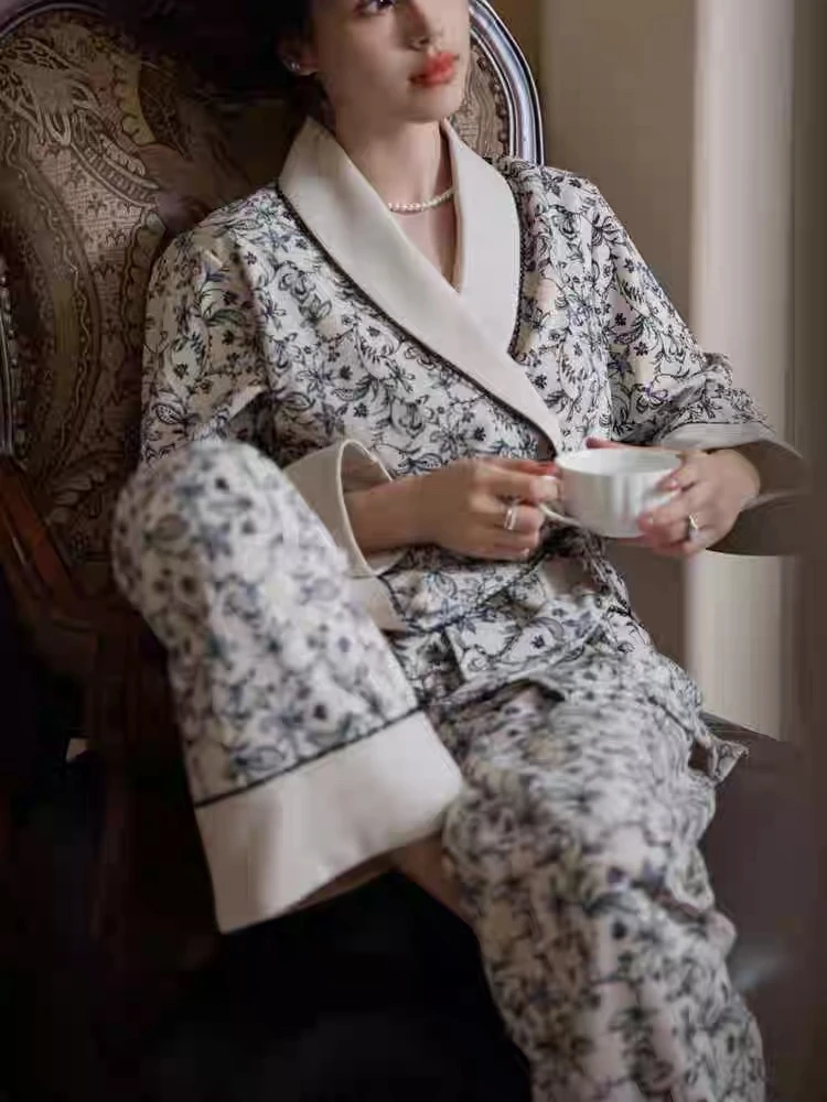 颜事局（莫奈花园）新款气质老钱风睡衣女家居服套装长袖长裤收腰