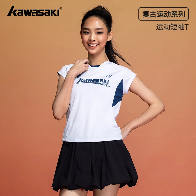 kawasaki/川崎运动短袖T恤羽毛球服吸汗透气休闲宽松复古女士