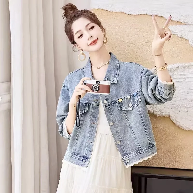 新疆包邮【611】蕾丝拼接牛仔外套-长53