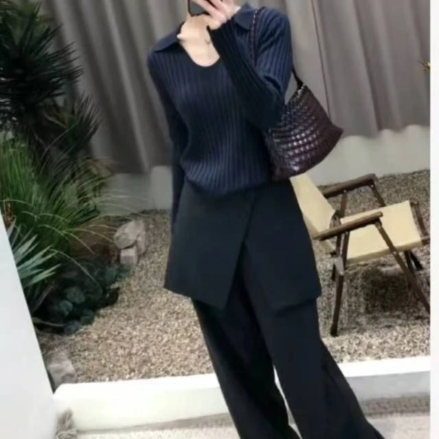 新款港风时髦长袖上衣屁帘阔腿裤女装直筒