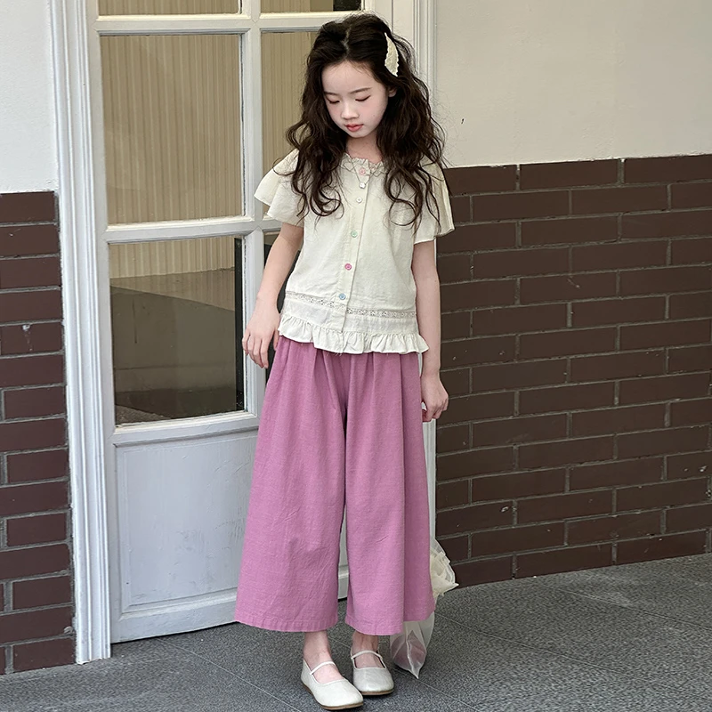 女童夏季套装205新款儿童洋气时髦衬衫短袖T恤阔腿裤韩系两件套潮