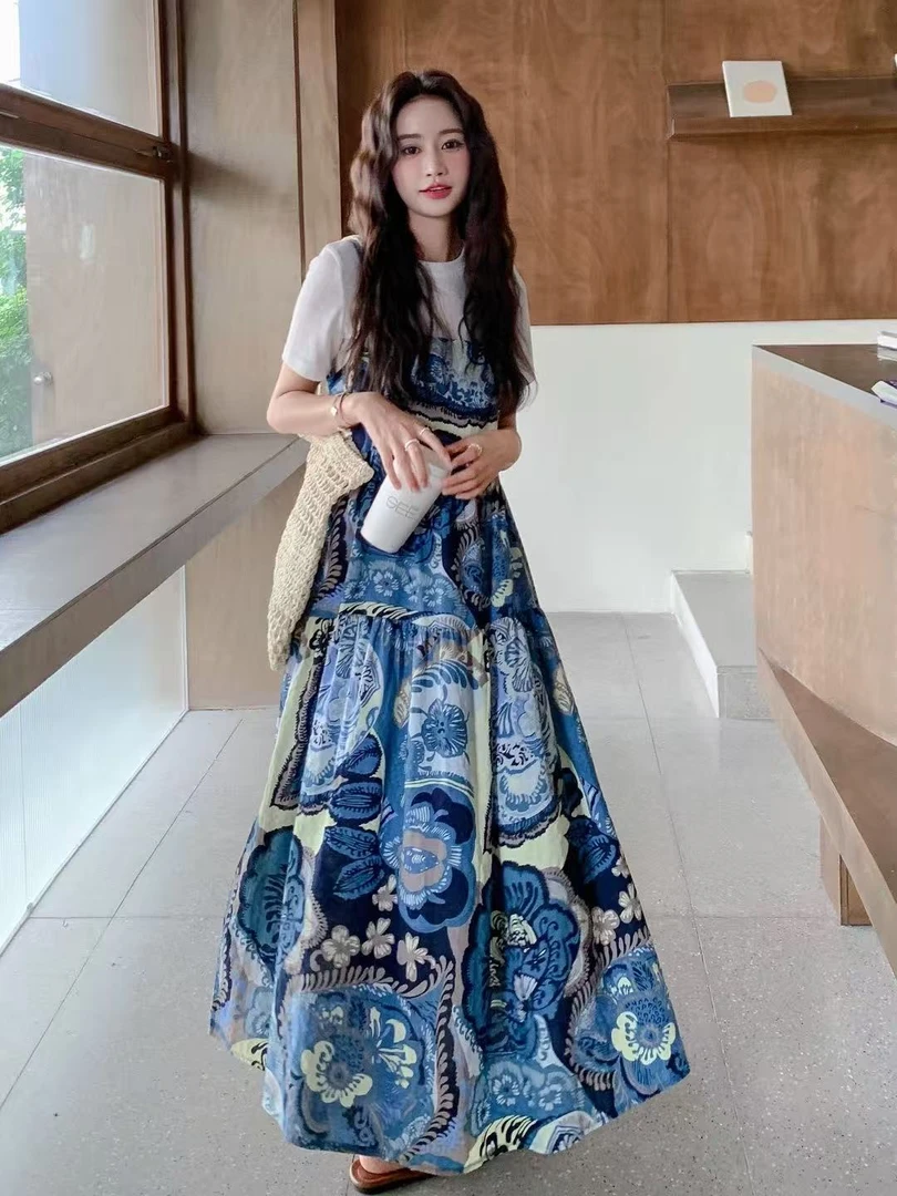 【青蔓流赏】独特漂亮复古青花瓷印花吊带裙套装2025夏两件套