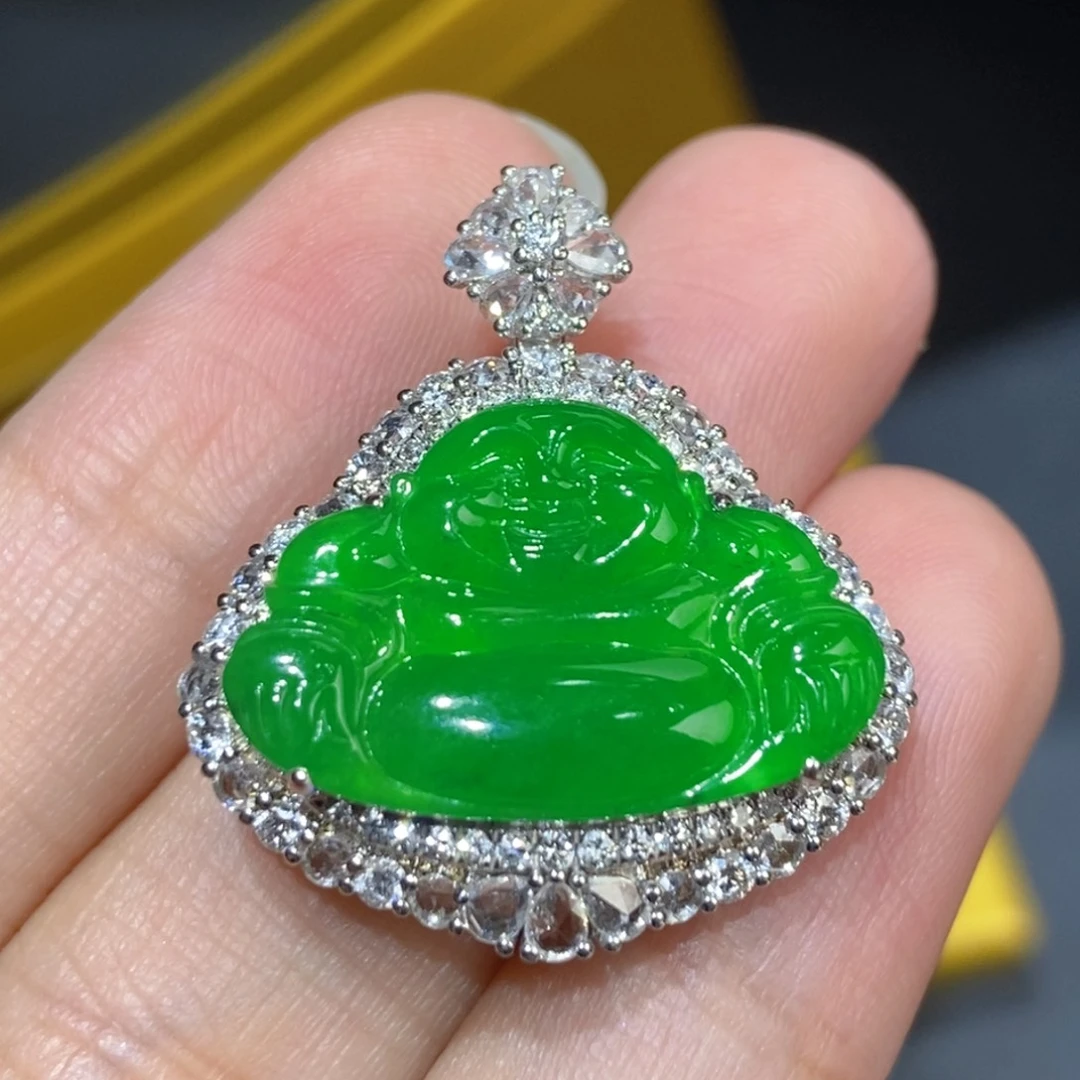 翡翠18K金镶嵌吊坠(不含链)天然缅甸A货翡翠