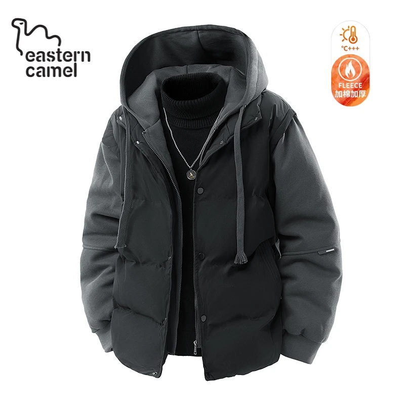 东方骆驼冬季假两件休闲棉服男女款加厚保暖男士连帽棉衣外套时尚