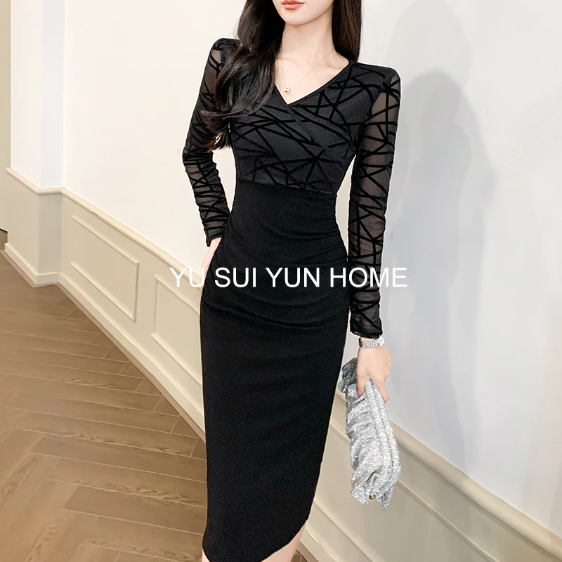 黑色高贵气质包臀连衣裙长袖外出洋气裙子女款爆款2025新款高级感