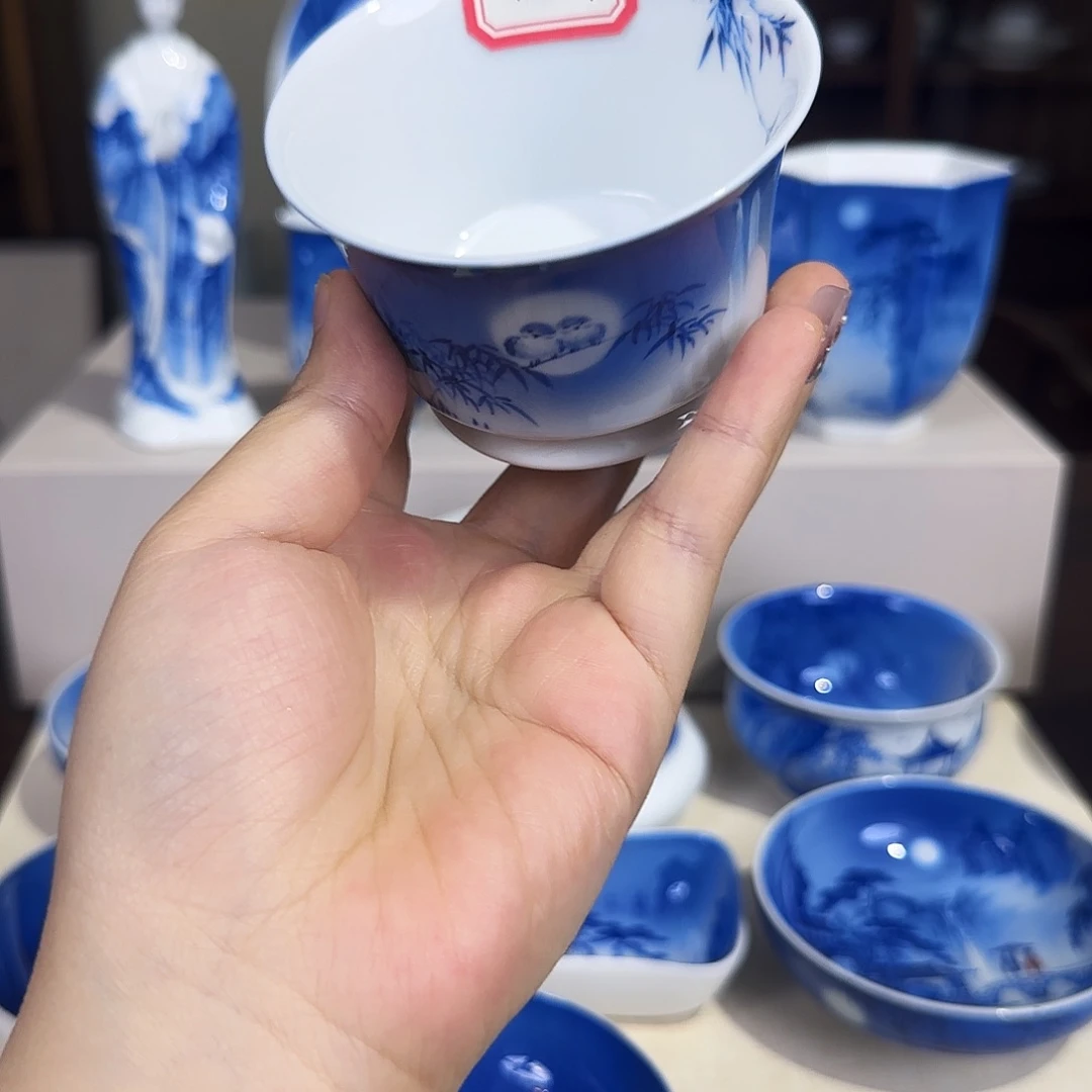 净***青花夜景花鸟杯杯