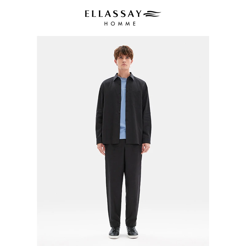 ELLASSAY歌力思男装秋季100%亚麻黑色春夏长袖衬衫EME362C00900
