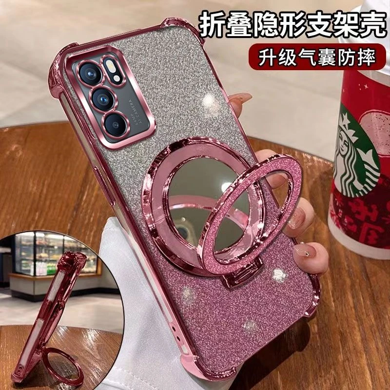 闪粉化妆镜适用OPPORENO6手机壳防摔壳气囊潮流保护套潮全包软壳