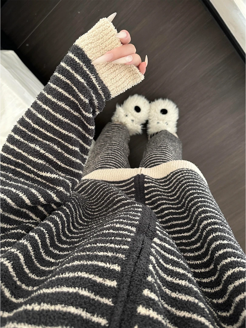 慵懒撞色条纹针织半边绒睡衣女秋冬季加厚保暖2025新款家居服套装