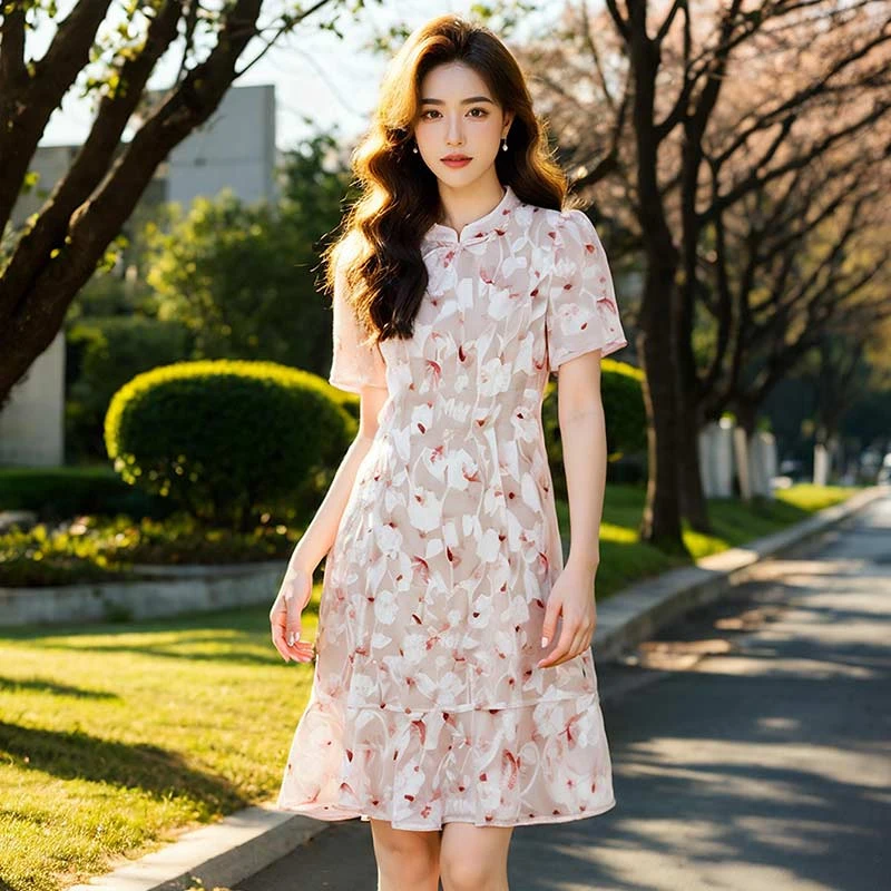 奢姿大码女装2025夏季气质立领碎花连衣裙胖妹妹时尚盘扣短袖裙子