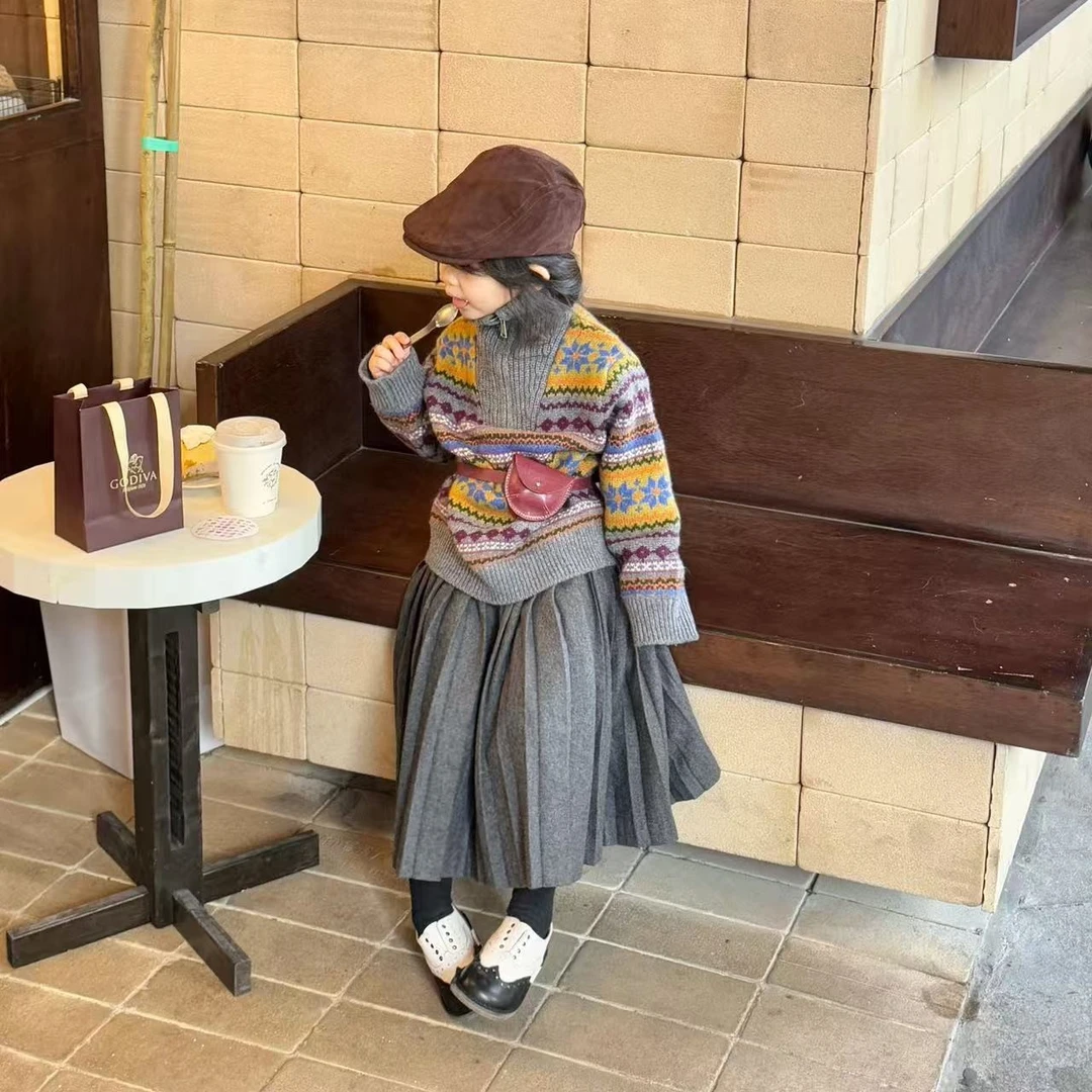 壹妈童装韩版女童时髦洋气套装2025春装新款儿童彩色针织上衣半裙