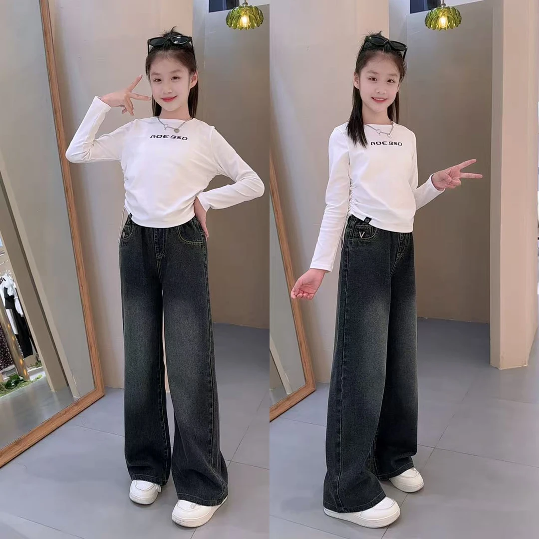 女童春秋款牛仔阔腿裤套装儿童字母长袖上衣百搭长裤牛仔裤套装