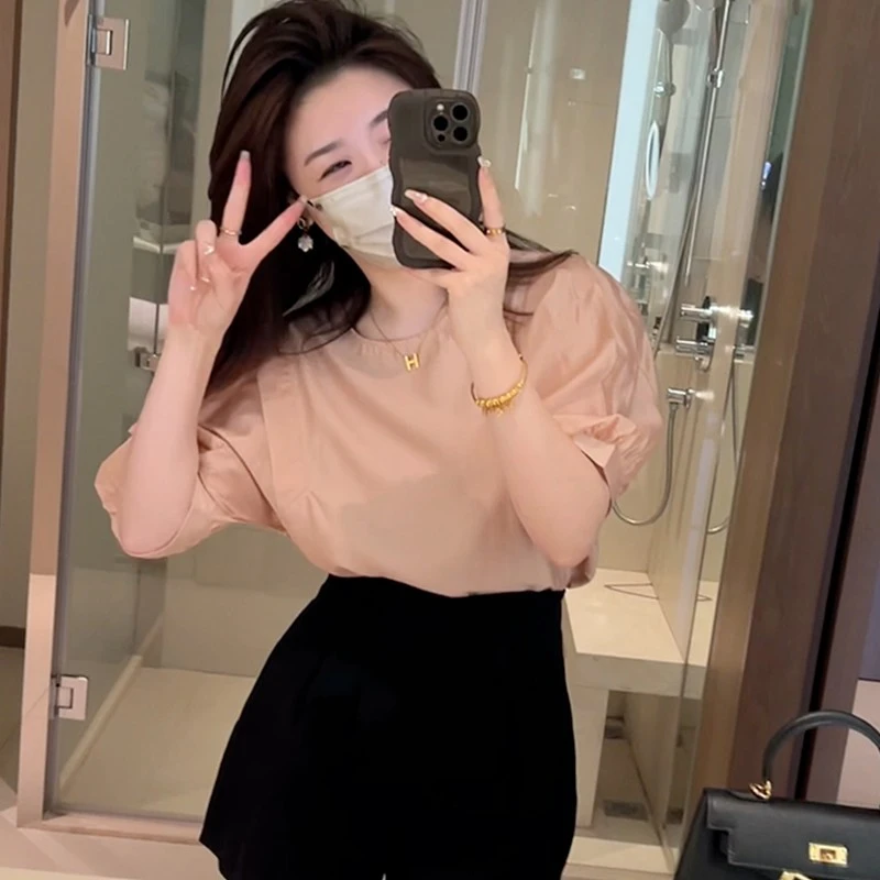 短袖衬衫女夏季新款2023爆款气质衬衣别致小衫泡泡袖小众法式上衣