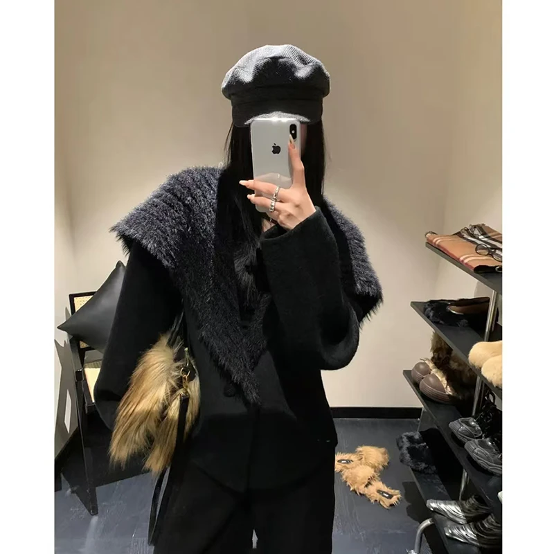 DD1466针织拼接双面呢外套秋冬季短款海军领百搭宽松保暖韩版大衣