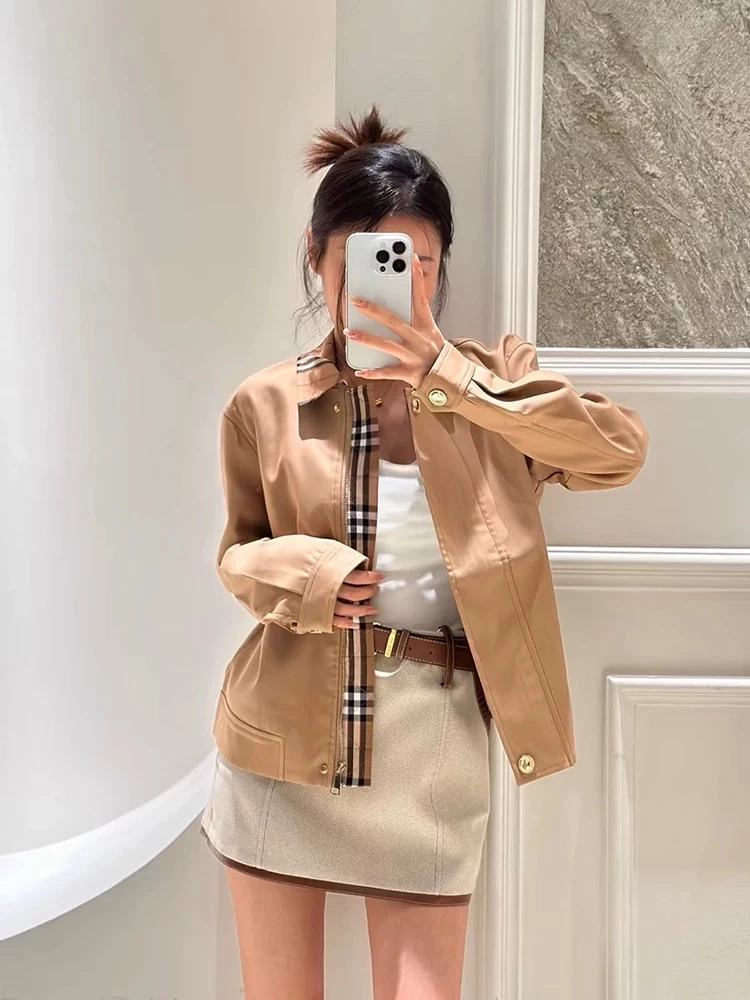 韩版卡其色格子翻领夹克风宽松短款外套6912