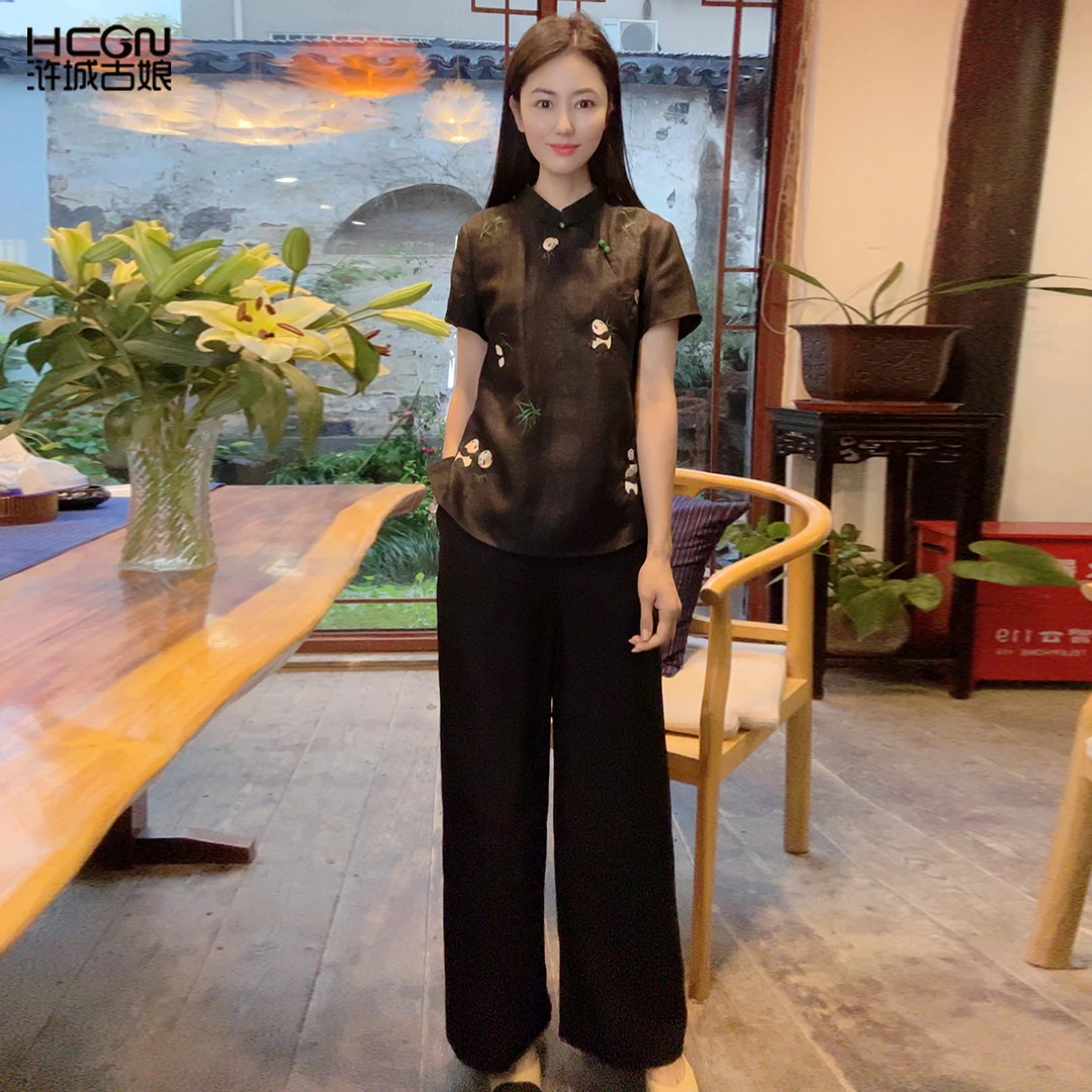 浒城古娘国风宽松女玉竹熊猫纹锦女套装WH0500240+WH0500241