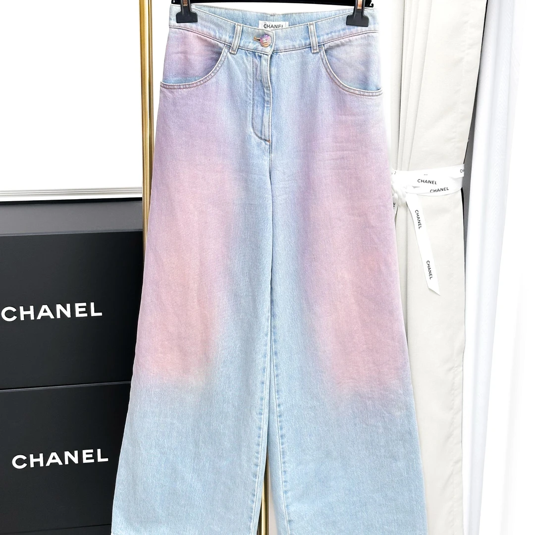 99新 Chanel/香奈儿 36码24C浅蓝水洗粉色渐变晕染牛仔裤，阔腿裤