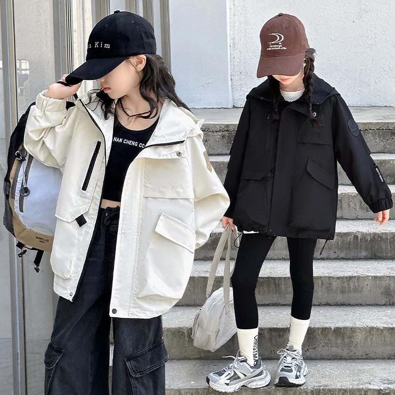 女童春秋款连帽外套儿童新款时髦休闲冲锋衣女孩韩版中长款风衣
