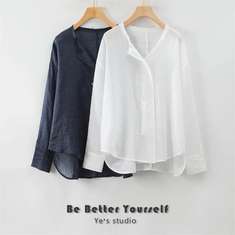 进口100支苎麻轻薄通透撕裂毛边复古长袖衬衫23216211
