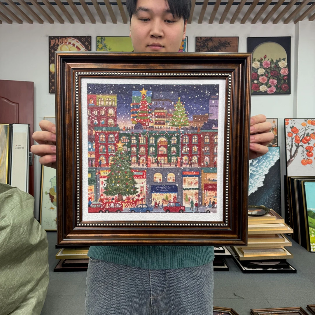 现代美式圣诞街景客厅挂画沙发背景墙卧室装饰画方形壁画144