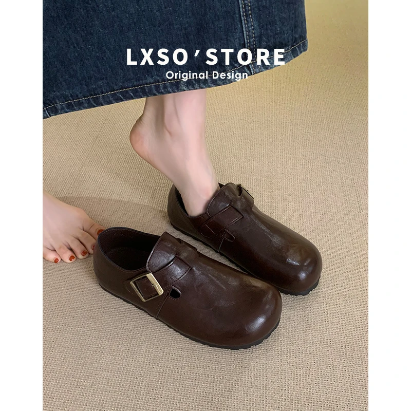 软底软面~真皮勃肯鞋女复古英伦风小皮鞋单鞋一脚蹬平底乐福鞋女