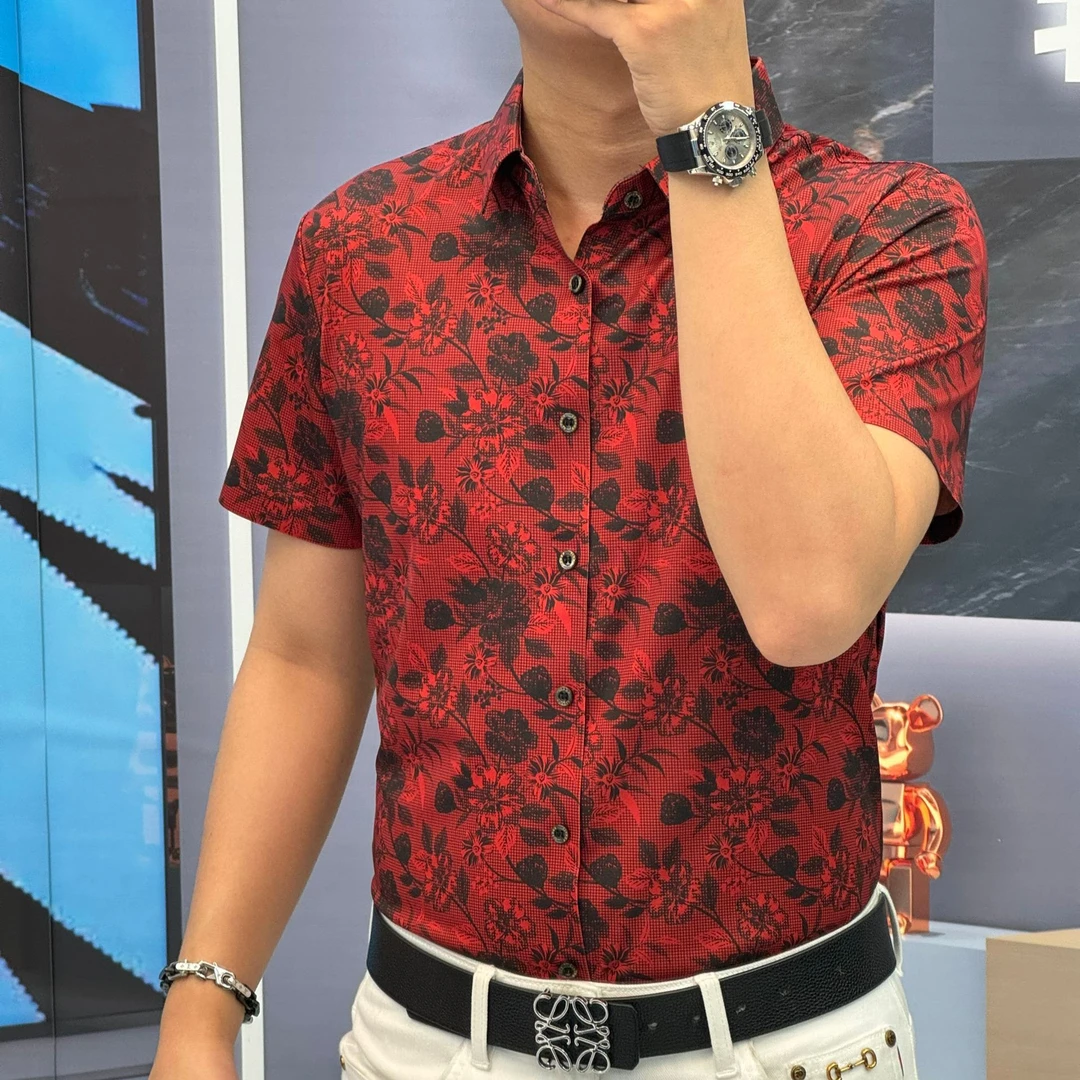 25春季（轩诚）桑蚕丝莱赛尔印花男士修身夏季休闲时尚短袖衬衫